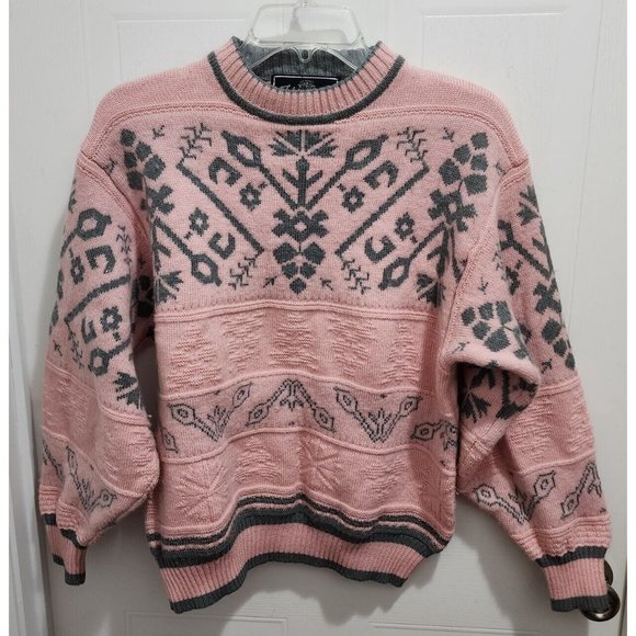 Flexible Sweaters - Vintage FleXible Women's Long Sleeve Sweater Pastel Pink/Gray Print Wool Blend S